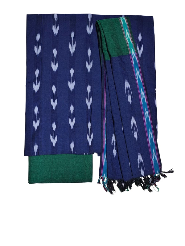 Indigo & White Pochampally Ikkat Handloom Dress Material with Dupatta