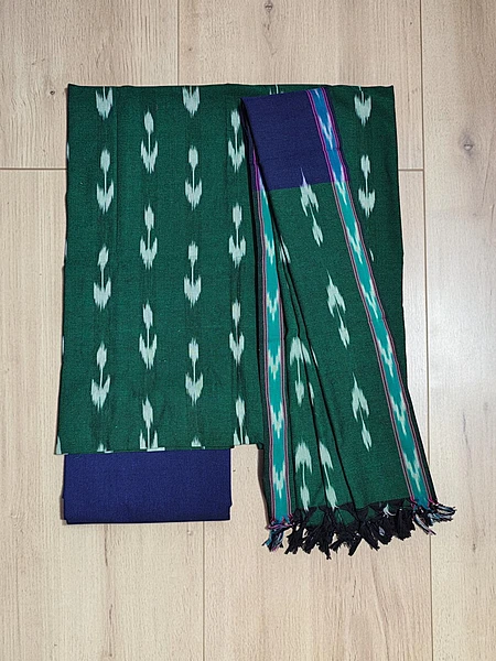 Green & Navy blue Pochampally Ikkat Cotton Unstitched Salwar Suit Set with Dupatta