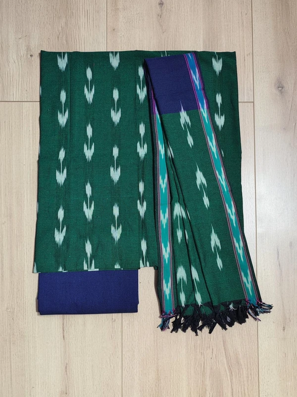 Green & Navy blue Pochampally Ikkat Cotton Unstitched Salwar Suit Set with Dupatta