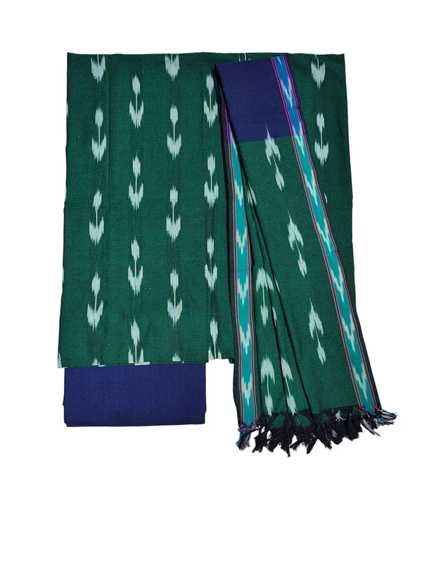 Green & Navy blue Pochampally Ikkat Cotton Unstitched Salwar Suit Set with Dupatta