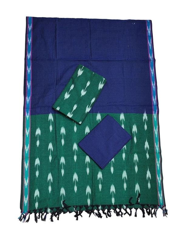 Green & Navy blue Pochampally Ikkat Cotton Unstitched Salwar Suit Set with Dupatta