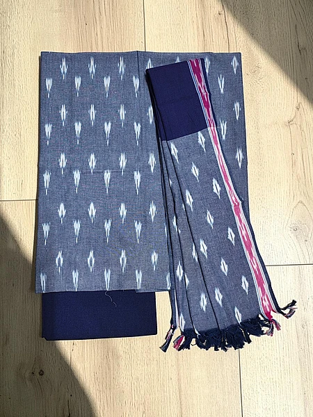 Grey & Blue Pochampally Ikkat Cotton Dress Material with Dupatta