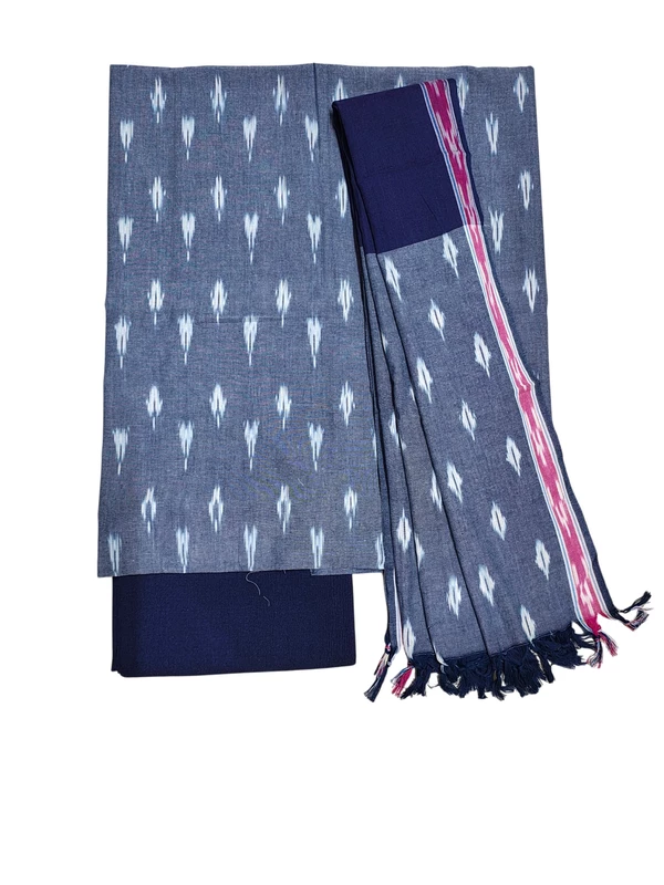 Grey & Blue Pochampally Ikkat Cotton Dress Material with Dupatta