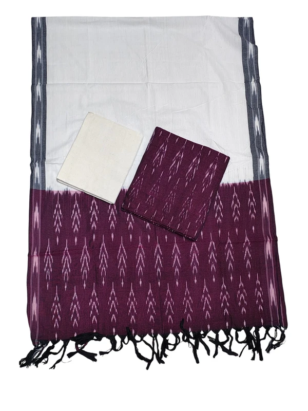 Maroon & White Ikkat Pure Cotton Unstitched Salwar Suit Set with Dupatta