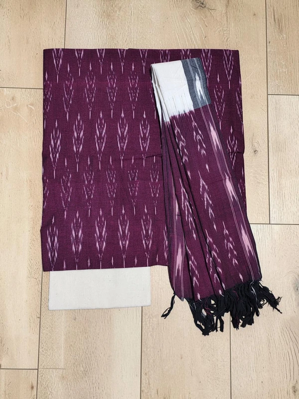 Maroon & White Ikkat Pure Cotton Unstitched Salwar Suit Set with Dupatta