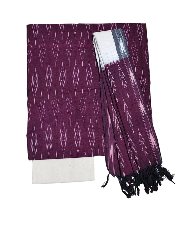 Maroon & White Ikkat Pure Cotton Unstitched Salwar Suit Set with Dupatta