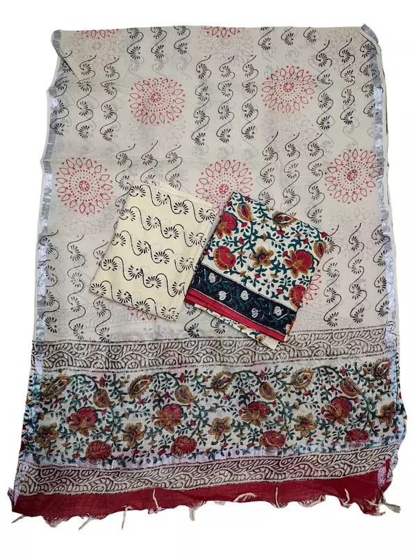 Maroon Bagru Print Linen Unstitched Suit Set