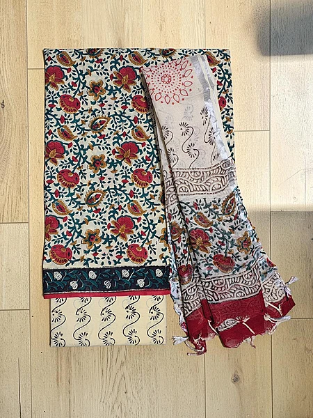 Maroon Bagru Print Linen Unstitched Suit Set