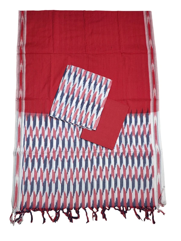 White & Red Pochampally Ikkat Cotton Unstitched Salwar Suit Set with Dupatta