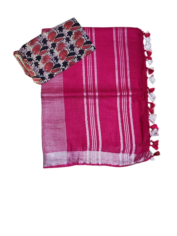 Pink Solid Linen Saree for Women