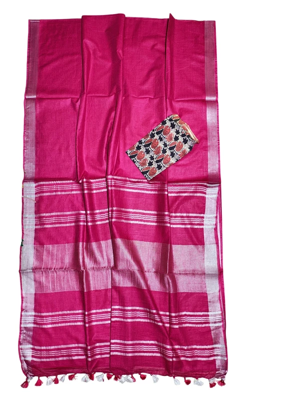 Pink Solid Linen Saree for Women
