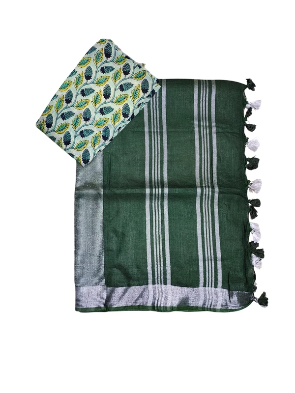 Dark Green Linen Saree for Women