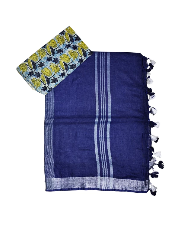 Indigo Linen Solid Saree for Women