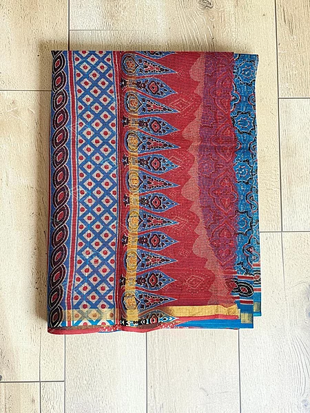 Teal & Red Kota Doria Hand Block Print Saree for Women