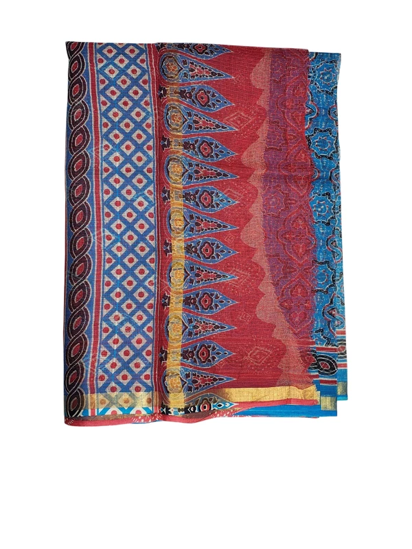 Teal & Red Kota Doria Hand Block Print Saree for Women