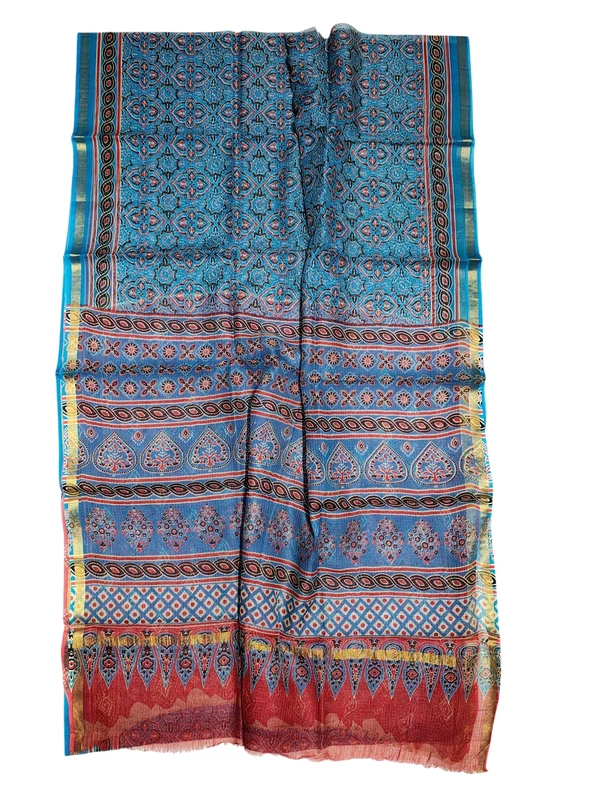 Teal & Red Kota Doria Hand Block Print Saree for Women