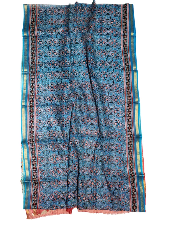 Teal & Red Kota Doria Hand Block Print Saree for Women