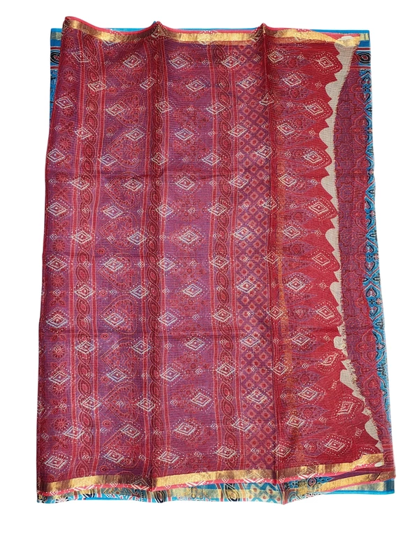 Teal & Red Kota Doria Hand Block Print Saree for Women