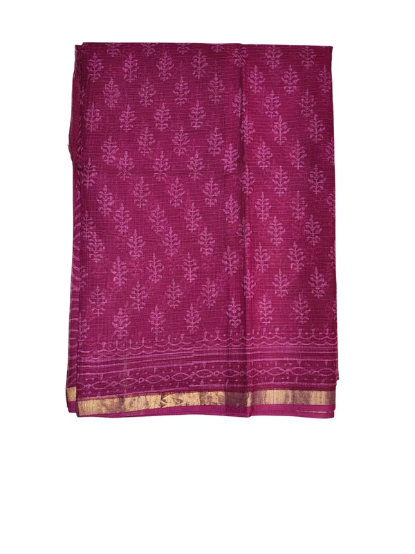 Dark Pink Kota Doria Hand Block Print Saree for Women