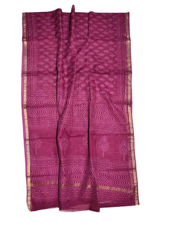 Dark Pink Kota Doria Hand Block Print Saree for Women