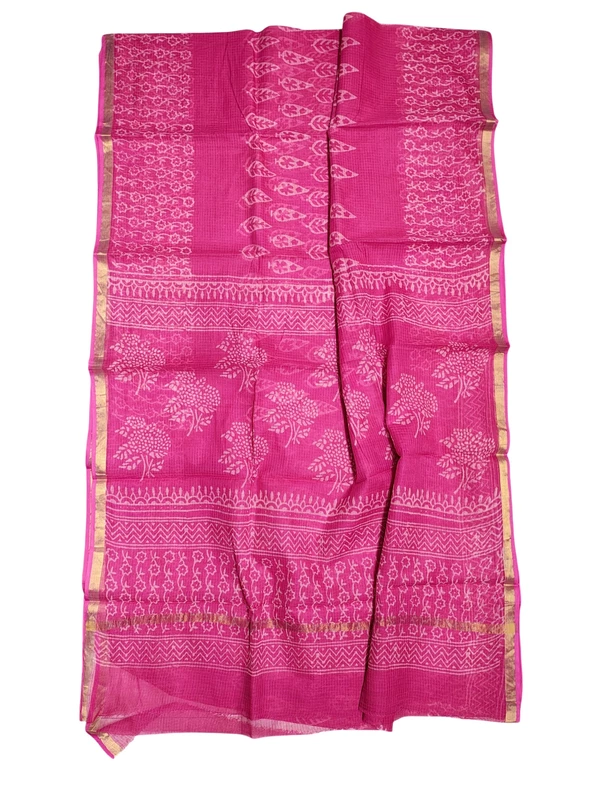 Pink Kota Doria Hand Block Print Saree for Women