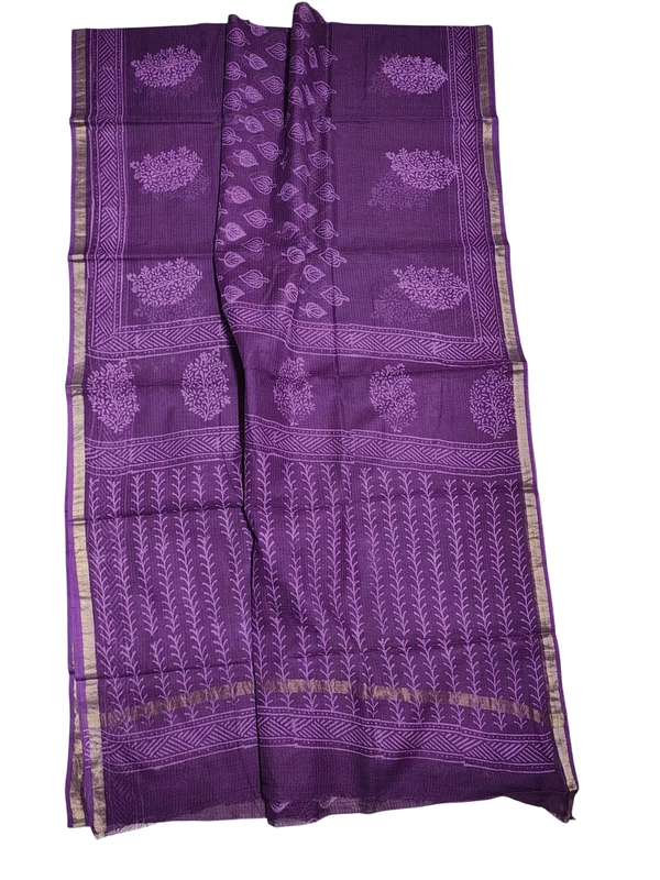 Purple Kota Doria Hand Block Print Saree for Women