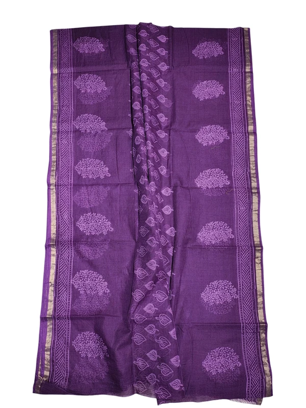 Purple Kota Doria Hand Block Print Saree for Women