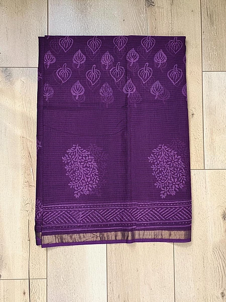 Purple Kota Doria Hand Block Print Saree for Women