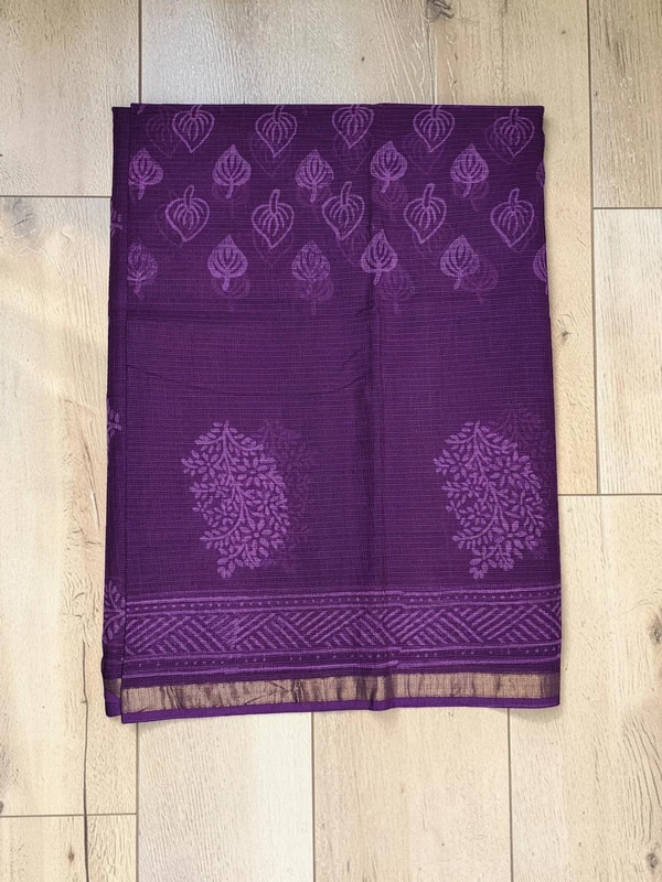 Purple Kota Doria Hand Block Print Saree for Women