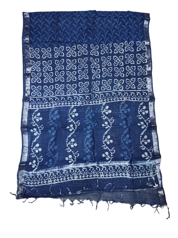 Indigo Linen Hand block Print Unstitched Salwar Suit Set with Linen Dupatta