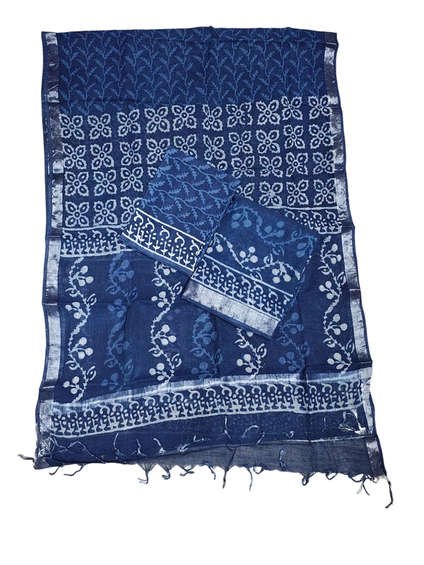 Indigo Linen Hand block Print Unstitched Salwar Suit Set with Linen Dupatta