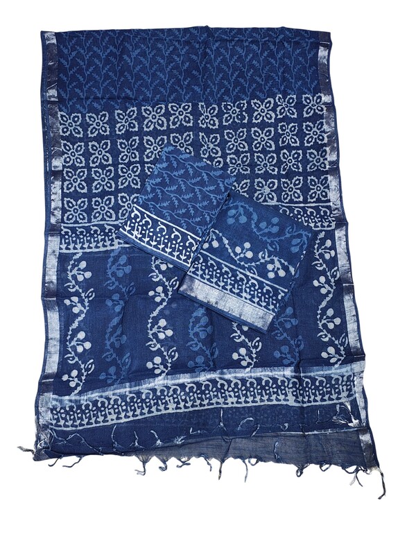 Indigo Linen Hand block Print Unstitched Salwar Suit Set with Linen Dupatta
