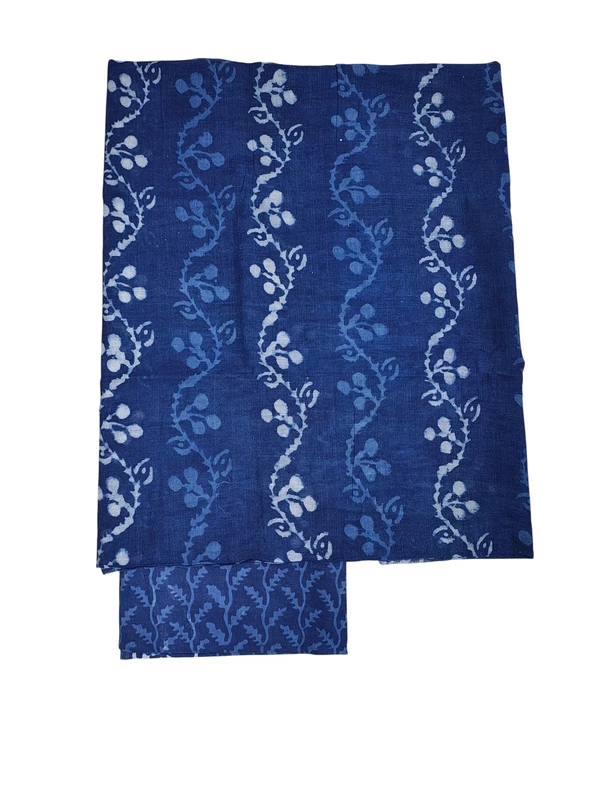 Indigo Linen Hand block Print Unstitched Salwar Suit Set with Linen Dupatta