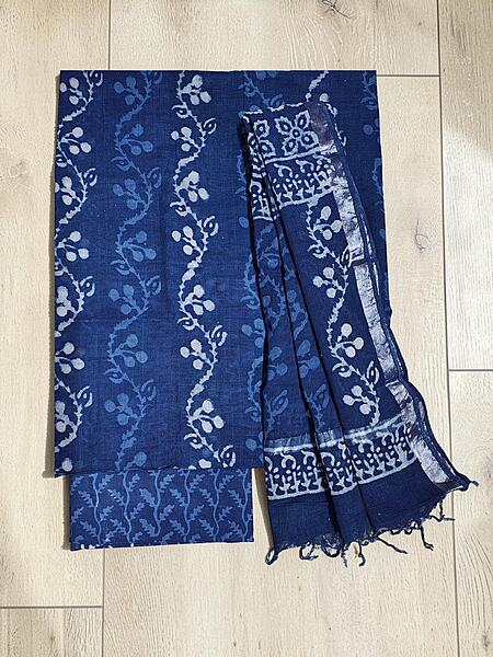 Indigo Linen Hand block Print Unstitched Salwar Suit Set with Linen Dupatta