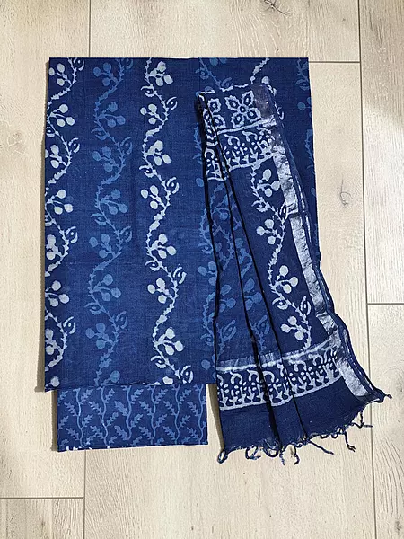 Indigo Linen Hand block Print Unstitched Salwar Suit Set with Linen Dupatta