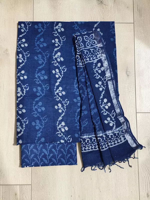 Indigo Linen Hand block Print Unstitched Salwar Suit Set with Linen Dupatta