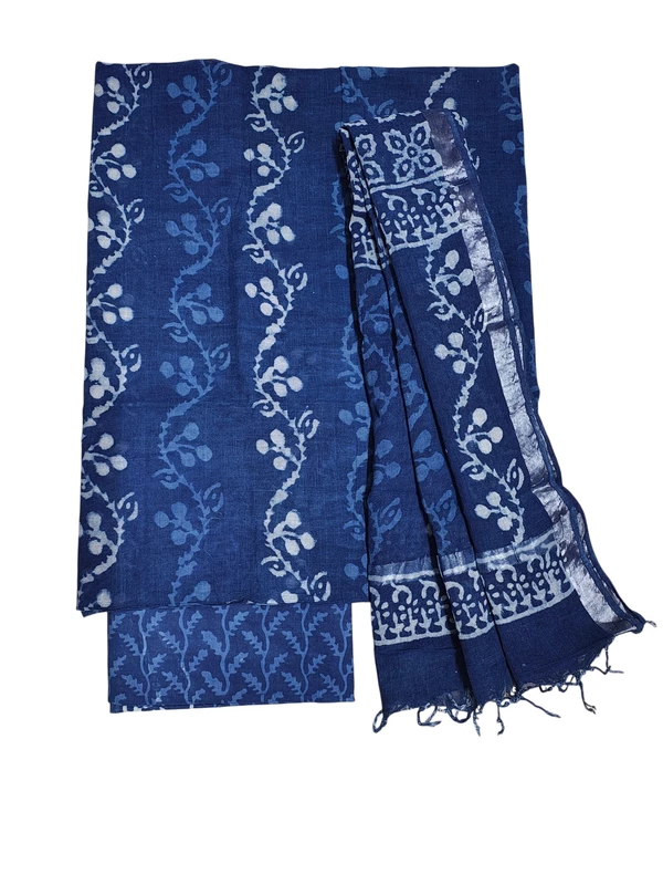 Indigo Linen Hand block Print Unstitched Salwar Suit Set with Linen Dupatta