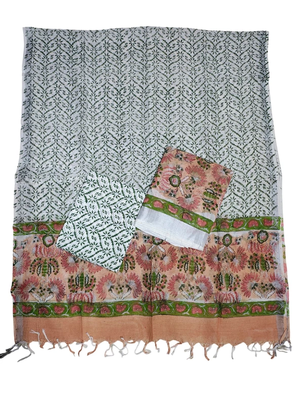 Peach Linen Hand block Print Unstitched Salwar Suit Set with Linen Dupatta