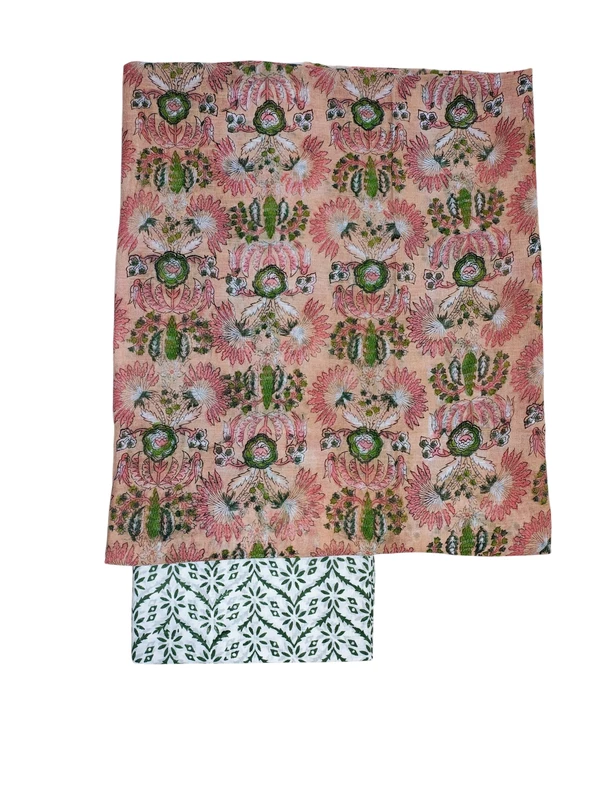 Peach Linen Hand block Print Unstitched Salwar Suit Set with Linen Dupatta