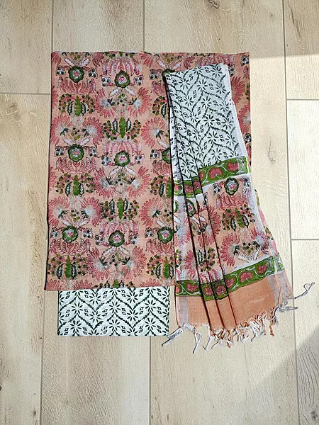 Peach Linen Hand block Print Unstitched Salwar Suit Set with Linen Dupatta