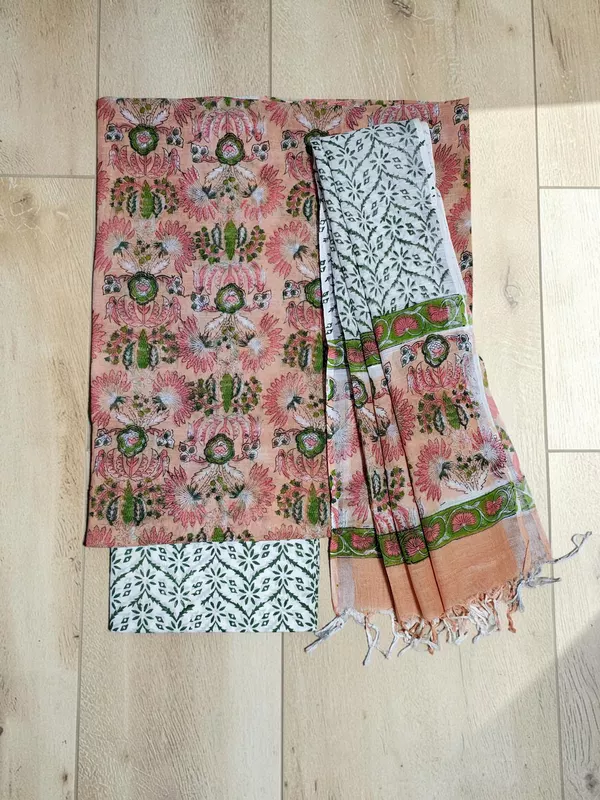Peach Linen Hand block Print Unstitched Salwar Suit Set with Linen Dupatta