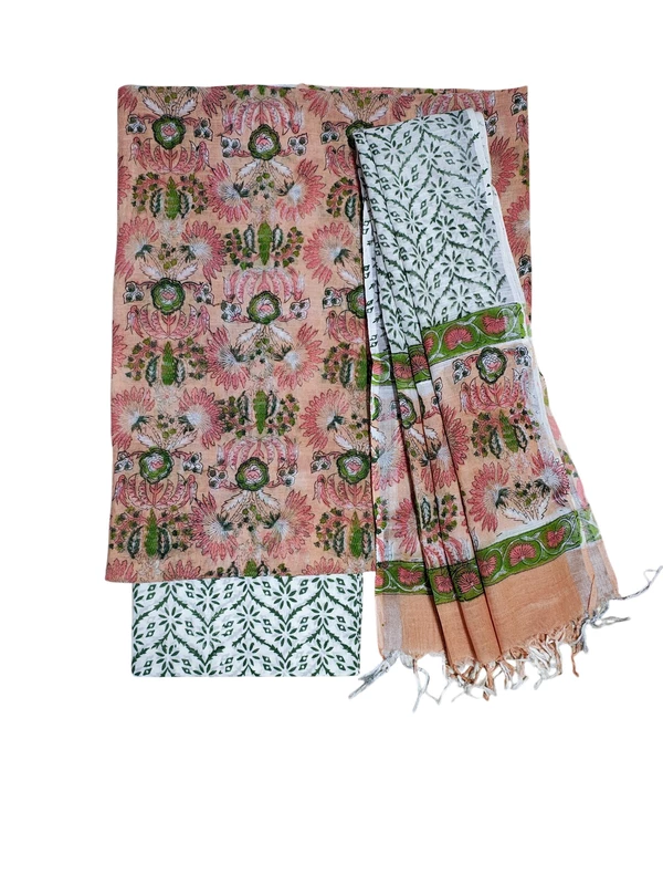 Peach Linen Hand block Print Unstitched Salwar Suit Set with Linen Dupatta