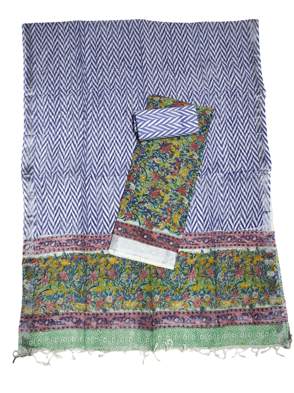 Green Linen Hand block Print Unstitched Salwar Suit Set with Linen Dupatta
