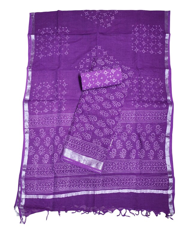 Purple Linen Hand block Print Unstitched Salwar Suit Set with Linen Dupatta