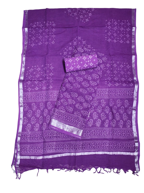 Purple Linen Hand block Print Unstitched Salwar Suit Set with Linen Dupatta