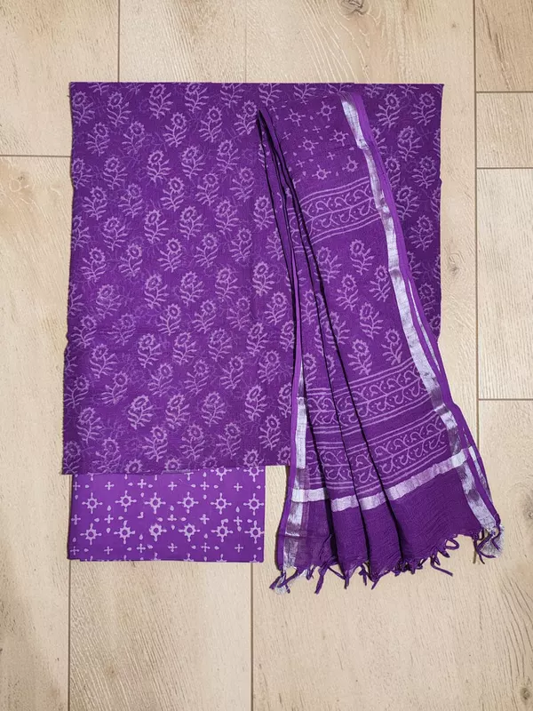 Purple Linen Hand block Print Unstitched Salwar Suit Set with Linen Dupatta