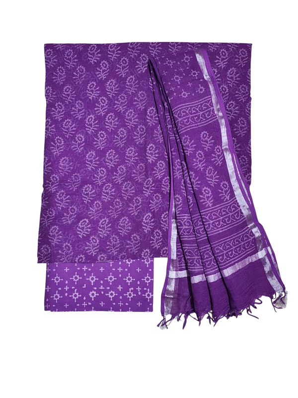 Purple Linen Hand block Print Unstitched Salwar Suit Set with Linen Dupatta