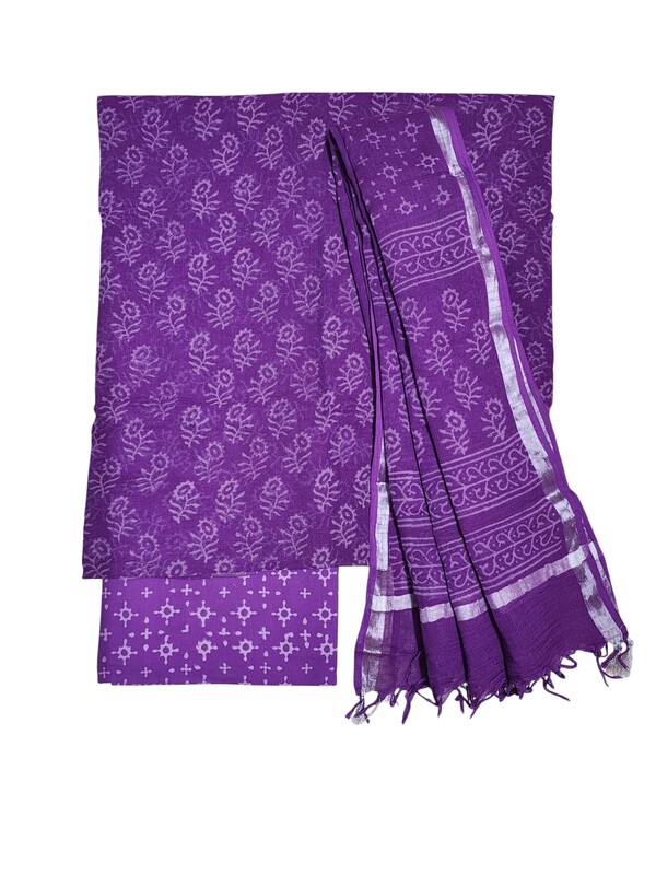 Purple Linen Hand block Print Unstitched Salwar Suit Set with Linen Dupatta