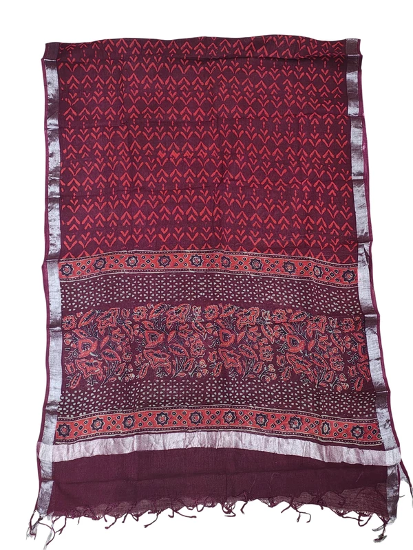 Wine Linen Hand block Print Unstitched Salwar Suit Set with Linen Dupatta