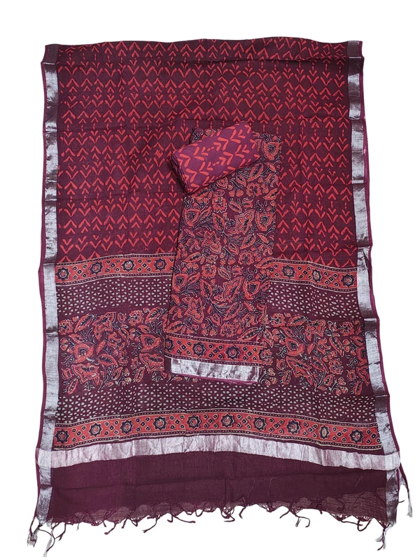 Wine Linen Hand block Print Unstitched Salwar Suit Set with Linen Dupatta
